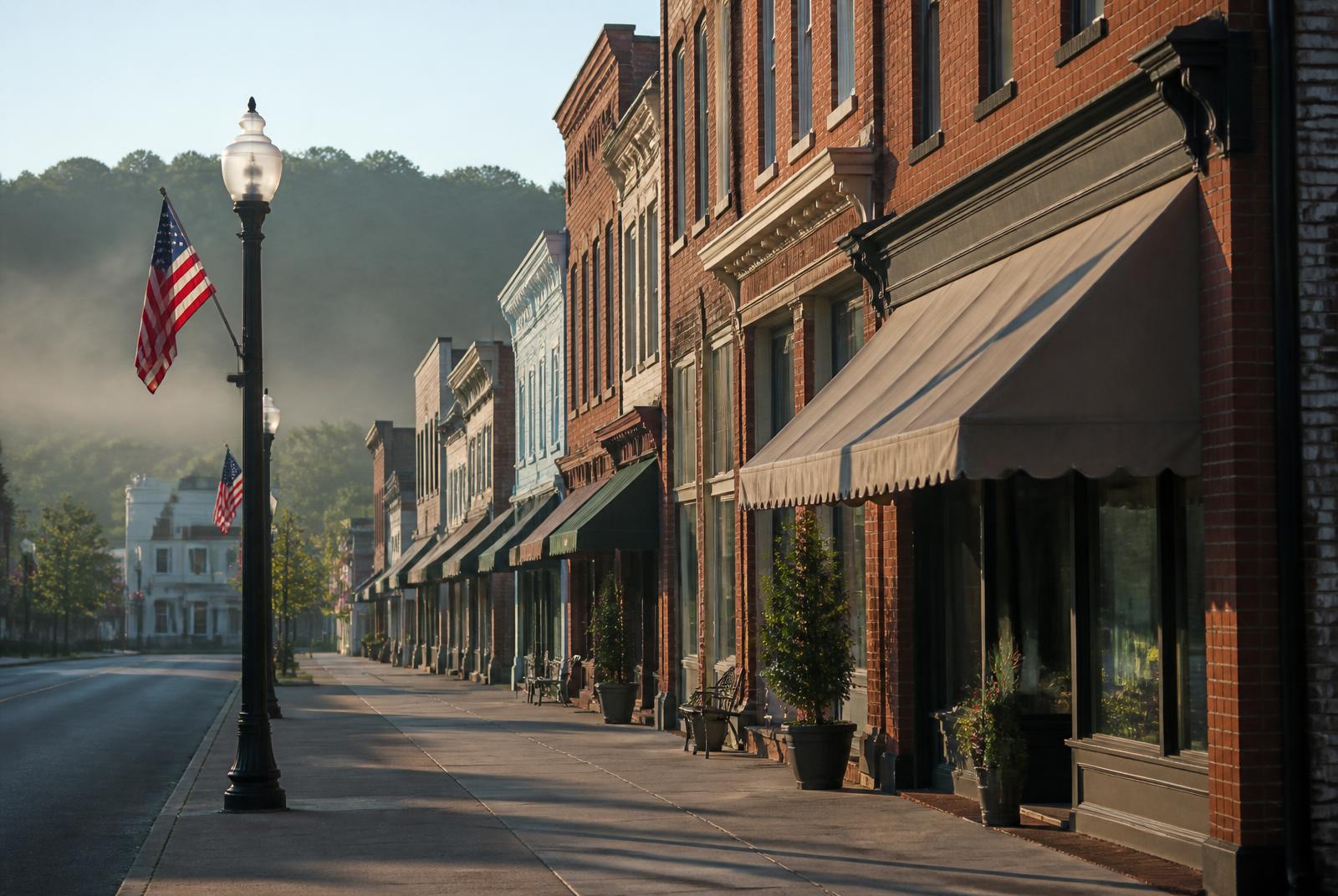 Main street in a small West Virginia town at sunrise
