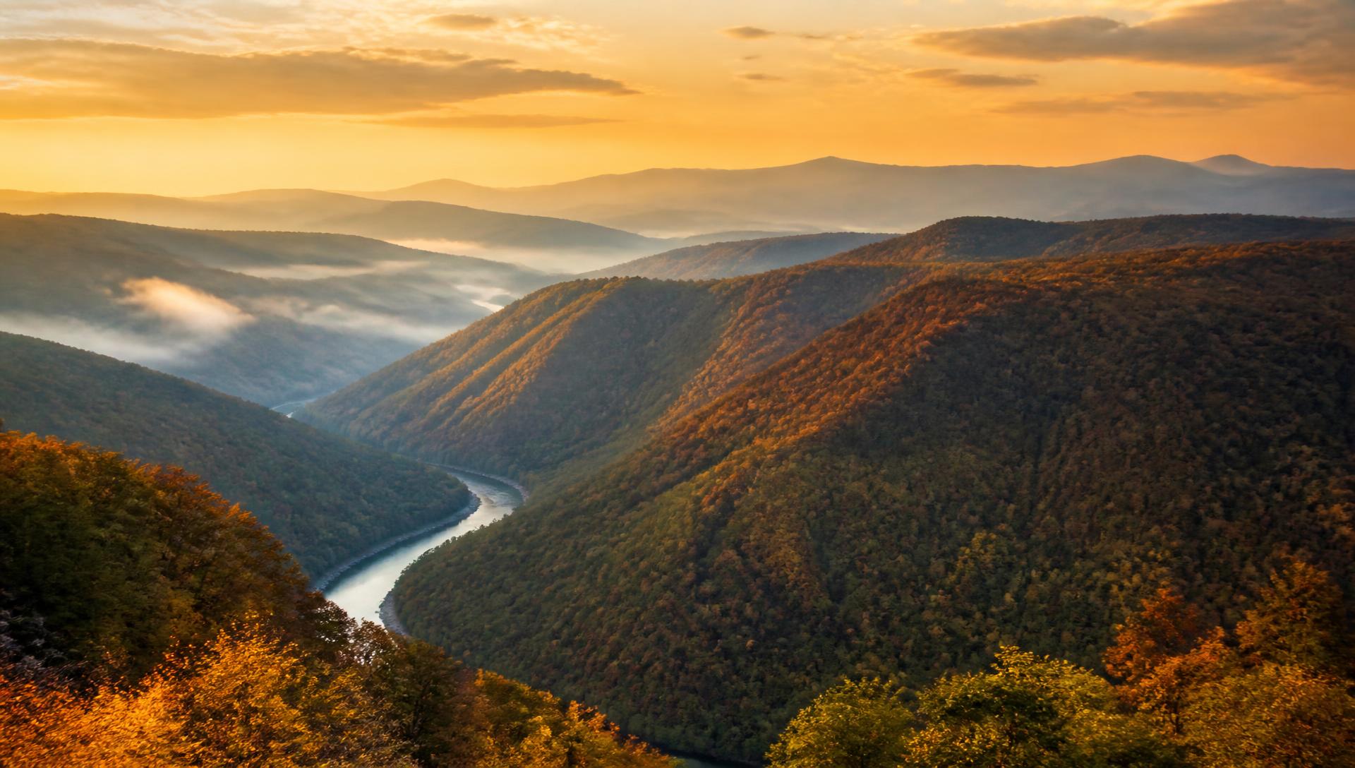 Sunrise over the West Virginia mountains and river valley